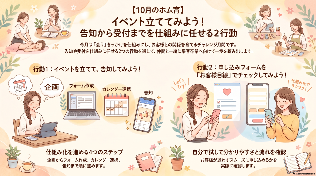 【10月のホム育】イベント立ててみよう！告知から受付までを仕組みに任せる2行動