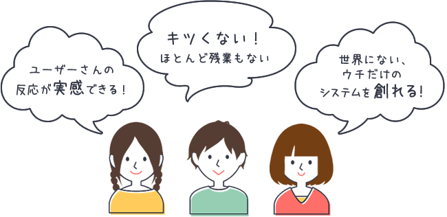 ユーザーさんの反応が実感できる！きつくない。ほとんど残業もない！世界にない、ウチだけのシステムを創れる！